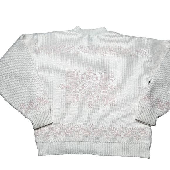 Vintage Thackery Knit Nordic Snowflake Sweater Cream Pink Pullover Sz Medium - Picture 6 of 10